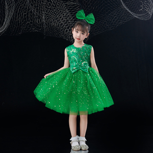 六一儿童绿色亮片表演幼儿园女童蓬蓬纱裙公主裙舞蹈小草演出服