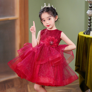 女童礼服裙夏季小女孩红色蓬蓬纱公主裙六一儿童节主持人演出服