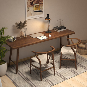 全实木长条书桌家用双人学生卧室书房靠墙写字台原木工作台电脑桌