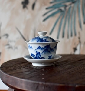 景德镇妙色柴窑青花黄山山水三才盖碗撇口120cc它山茶舍.