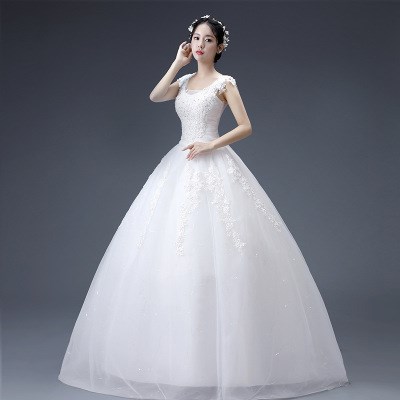 厂家直销2019春季新款新娘结婚双肩圆领礼服裙修身齐地款婚纱白色