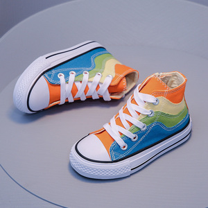 李宁贵宾儿童帆布鞋春秋款拼色彩虹鞋高帮侧拉链韩版休闲男童女童