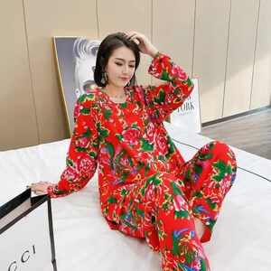 花棉袄家居服薄款大码网红同款加大东北大花睡衣女80年代土到极致