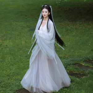 改良汉服女2022春秋新款古装中国古风超仙气飘逸日常白色连衣长裙