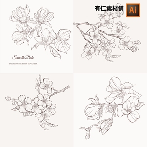手绘线描白描素描线条玉兰花梅花中国风鲜花插画AI矢量设计素材