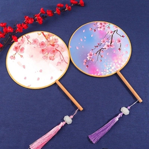 圆形团扇汉服扇子印花宫廷双面古风旗袍儿童古代流苏中国风风扇
