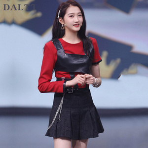 daltt对关晓彤同款衣服红色t恤上衣pu皮马甲女黑色半身短裙潮