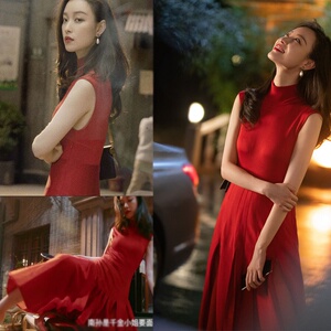 小红裙流金岁月朱锁锁倪妮同款红色高领礼服连衣裙女夏大摆百褶裙