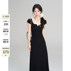 一颗小野莓黑色假两件连衣裙女夏季韩版修身显瘦复古高级感长裙子