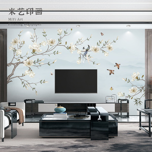 2022新中式白玉兰花鸟客厅电视背景墙壁纸新款中国风卧室墙布u复