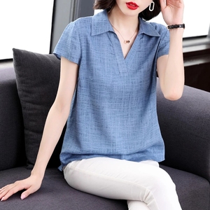 棉麻短袖t恤女夏装宽松大码polo衫翻领中年妈妈遮肚翻领亚麻上衣