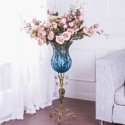 85cm美式高脚大花瓶摆件客厅家居插花假花大号透明落地玻璃花瓶
