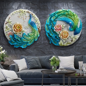 玄关3d立体浮雕装饰画新中式客厅背景墙圆形挂画走廊过道孔雀壁画