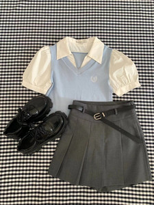 夏季盐系少女穿搭小个子甜辣学院风假两件短袖衬衫百褶裙两件套装