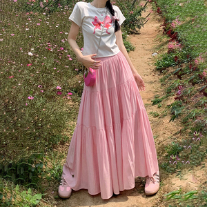 PVJ2024夏季新款粉红色蛋糕裙女显瘦芭蕾风百褶裙a字半身长裙子