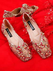 服婚鞋女中式婚礼鞋子结婚新娘鞋红色平底孕妇婚纱两穿秀禾鞋