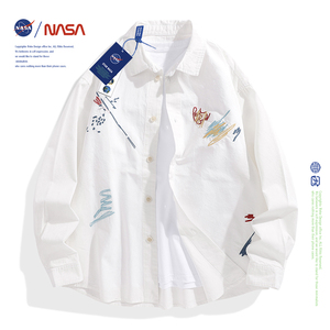 NASA联名衬衫潮流韩版宽松港风长袖刺绣衬衣青春休闲情侣装外套男