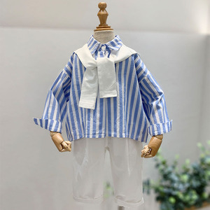 韩国男童衬衫春秋新款长袖帅气条纹衬衣宝宝洋气假两件外套上衣服