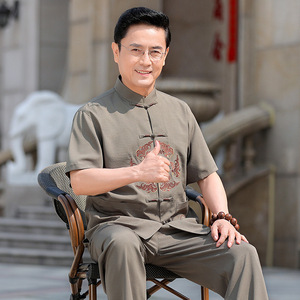 中国风夏季男式唐装套装中老年爸爸装休闲棉麻短袖套装薄款爷爷装