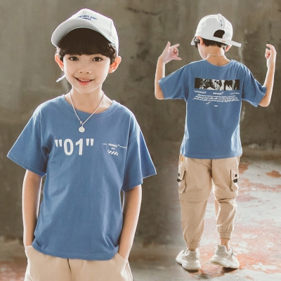 男童短袖t恤蓝色儿童装夏装2021纯棉中童夏款丅裇白小男孩体恤潮