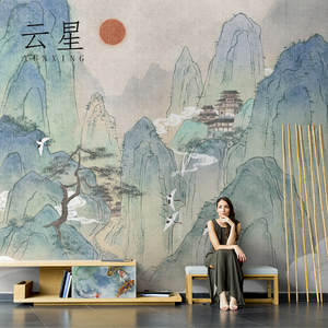 中式古风手绘山峰仙鹤壁纸创意电视背景墙纸客厅沙发壁画卧室墙布