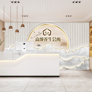 新中式美容院墙布养生馆会所形象墙纸中医文化足疗店吧台装饰壁纸