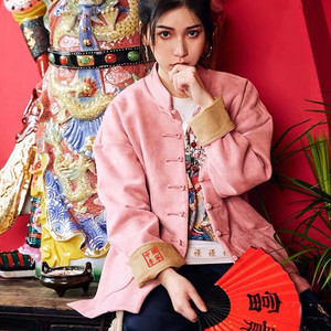 中国李宁夹克女复古款手工盘扣刺绣时尚唐装国潮休闲麂皮绒外套男