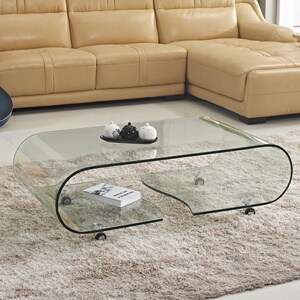 地摊茶几椭圆形热弯玻璃茶几长方形弧形带轮钢化热弯黑色玻璃茶几