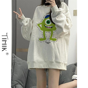 正肩花灰色大眼仔卡通卫衣无帽女款秋装oversize加绒精致绝美上衣
