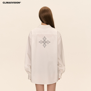 CLIMAX VISION十字花刺绣纯色透气休闲宽松衬衫男女同款极简衬衣