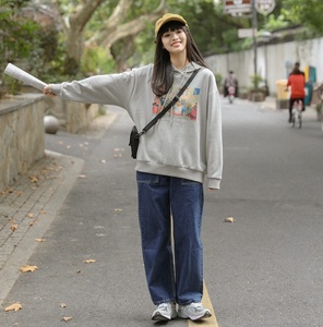 2021春秋季时尚套装女宽松印花连帽卫衣搭直简牛仔裤学院风两件