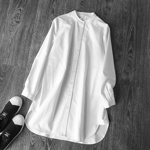 韩国白色立领衬衫女春秋显瘦中长款大码纯棉长袖衬衣宽松休闲上衣