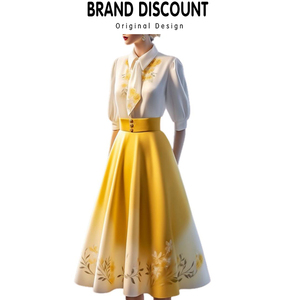 大品牌外贸原单女装新中式国风白色衬衣衫搭配黄色半身裙子两件套