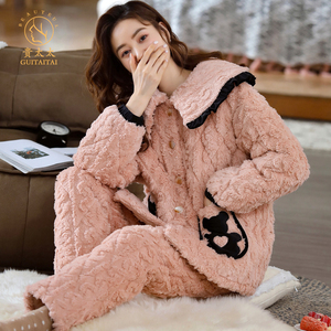 大码睡衣女胖mm200斤冬季三层夹棉套装卡通小熊粉色珊瑚绒家居服