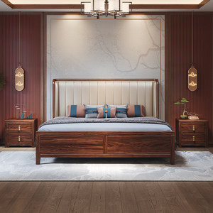 青水秀木乌金木实木床新中式卧室1.8米双人床真皮软靠高箱储物床