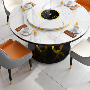 旋转大理石餐桌椅转盘多功能带电磁i炉现代简约家用可扩大伸缩圆