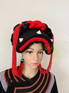 凉山彝族服装服饰?女帽红黑棉a布瓦盖新款帽子装饰服饰头饰套装