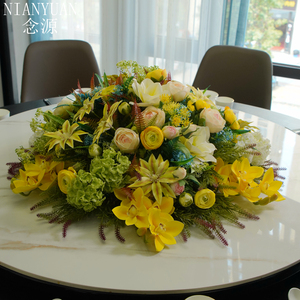 高档酒店包厢大餐桌摆件仿真花新餐厅中式大圆桌转盘装饰圆形花艺