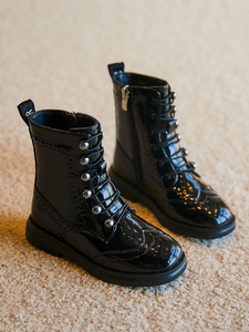 Lewis&clarks女童黑色短靴2023新款秋冬季软底儿童皮靴加绒马丁靴