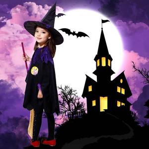 儿童万圣节服装女童披风巫婆斗篷吸血鬼黑色女巫服面具巫师扮演服