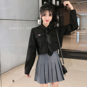 jk制服套装黑色长袖衬衫女春秋短款别致衬衣百褶短裙学院风全套