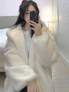 韩国米白色羊羔毛外套女中长款冬季新款连帽獭兔毛绒绒皮草大衣潮