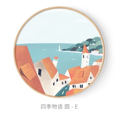简约现代客厅圆形装饰画北欧风景组合圆盘餐厅背景墙插画卧室壁画