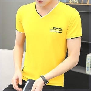 夏季新款男士V领纯色短袖T恤黄色简约韩版学生青年上衣打底衫t恤