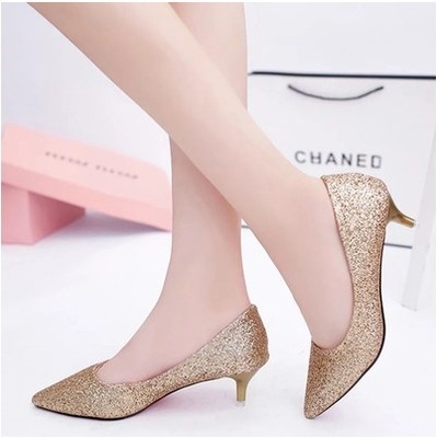 3cm高跟鞋女5公分细跟银色3厘米小跟矮跟女单鞋尖头浅口金色婚鞋