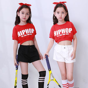 纯棉女童爵士舞短袖套装儿童嘻哈街舞表演服夏季装校园啦啦操服装