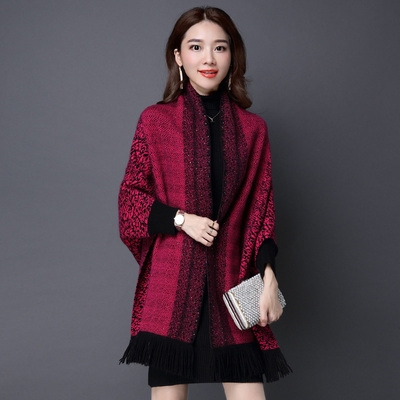 羊毛大披肩外套带袖子针织围巾两用春秋冬季加厚女士流苏斗篷披风