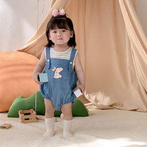 韩版婴儿夏装女宝可爱小兔子包屁两件套哈衣超萌背带薄款牛仔套装