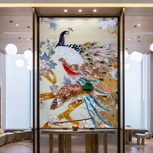 掐丝珐琅彩装饰画玄关走郎过道挂画高档新中式好寓意大富大贵孔雀