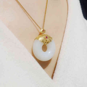 和田玉18k镶嵌金面包圈吊坠羊脂玉平安扣挂件籽料金镶玉圆环玉坠